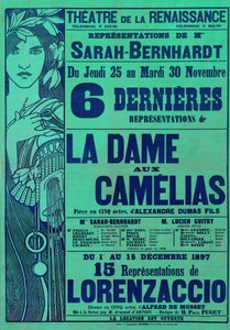 Alexandre Dumas La Dame aux Camelias és Alfred de Musset Lorenzaccio című plakátja Sarah Bernhardt főszereplésével, Theater du Renaissance, Párizs, 1897